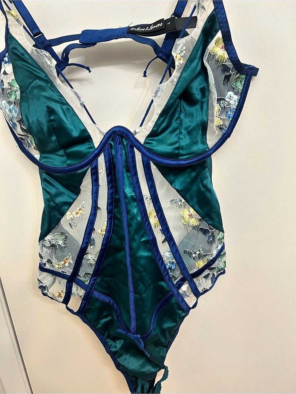 for Love & Lemons Blair Bow Bodysuit Blue & Green Large